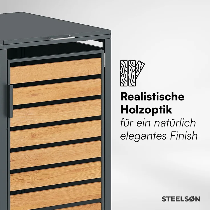 STEELSØN 'Kestra' Mülltonnenbox 4er je 240 Liter, anthrazit mit Holzoptik, Mülltonnenverkleidung aus Stahl, wetterfest, 116x80x268 cm, Müllbox für 4 Tonnen – Bild 8