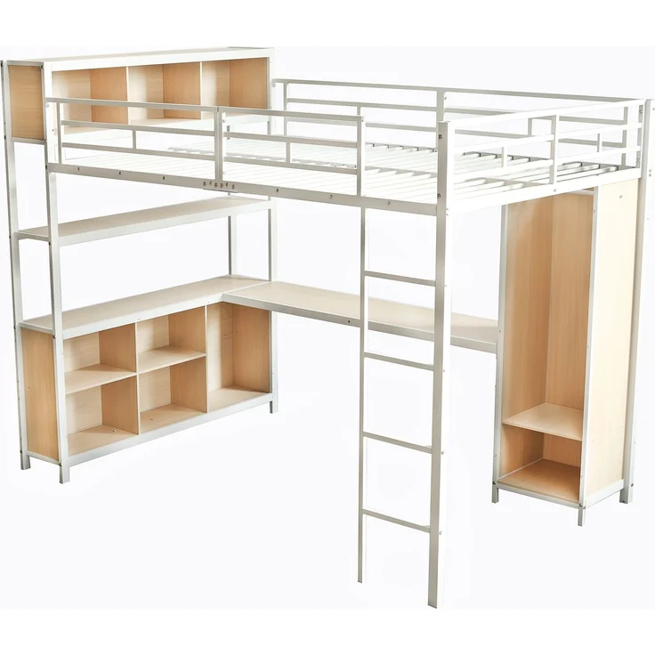 EINHOM Eisenbett, Hochbett, Doppelstöckiger Stauraum unter dem Schreibtisch, Oberes Bett mit Stauraum, Mit Kleiderschrank, Eisen + Spanplatte, Weiß+Natur, 140 x 200 cm (Ohne Matratze) – Bild 4