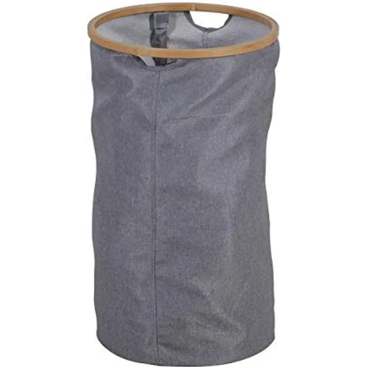 Axentia Stoff Wäschekorb mit Bambusrahmen, 38x64,5 cm, 65 Liter, Polyester-Baumwolle, grauer Wäschekorb mit seitlichen Eingriffen zum Tragen