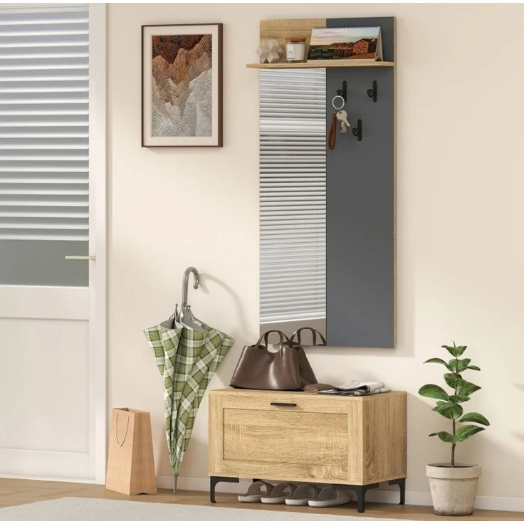 DESVIAE Garderobenschrank-Set mit Spiegel und Schuhbank, 60x127,5x13,5 cm, MDF, Naturholz/Grau – Bild 2