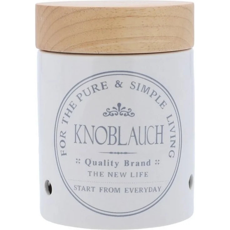 KHG Knoblauchtopf Keramik Steingut für 250g Knoblauchknollen, Knoblauch Aufbewahrung in Weiß, Holzdeckel Bambus, glasiert mit Emaille, Knoblauchdose rund, Lüftungslöcher, Landhaus Küche – Bild 4