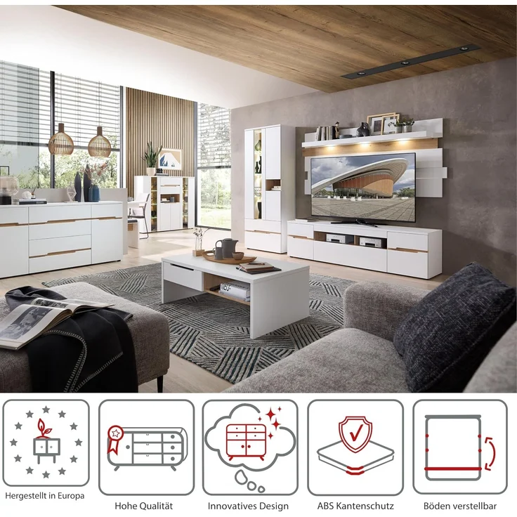Innostyle Wohnwand MEAGAN - Wohnzimmer in Weiß-Artisan Eiche – Bild 3