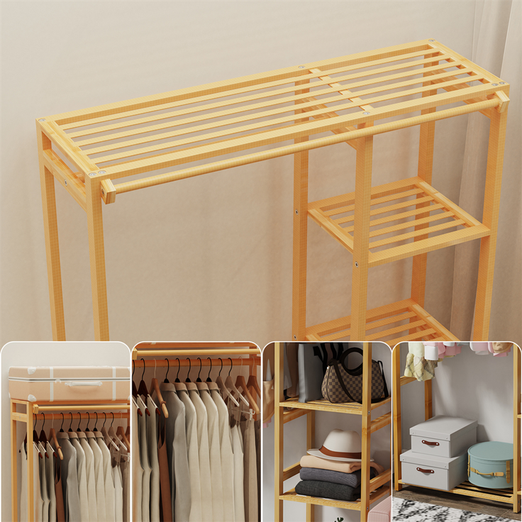 UNHO Kleiderschrank offener Kleiderständer mit Vorhang Ablagen Bambus Beige 91 x 30 x 146 cm – Bild 4