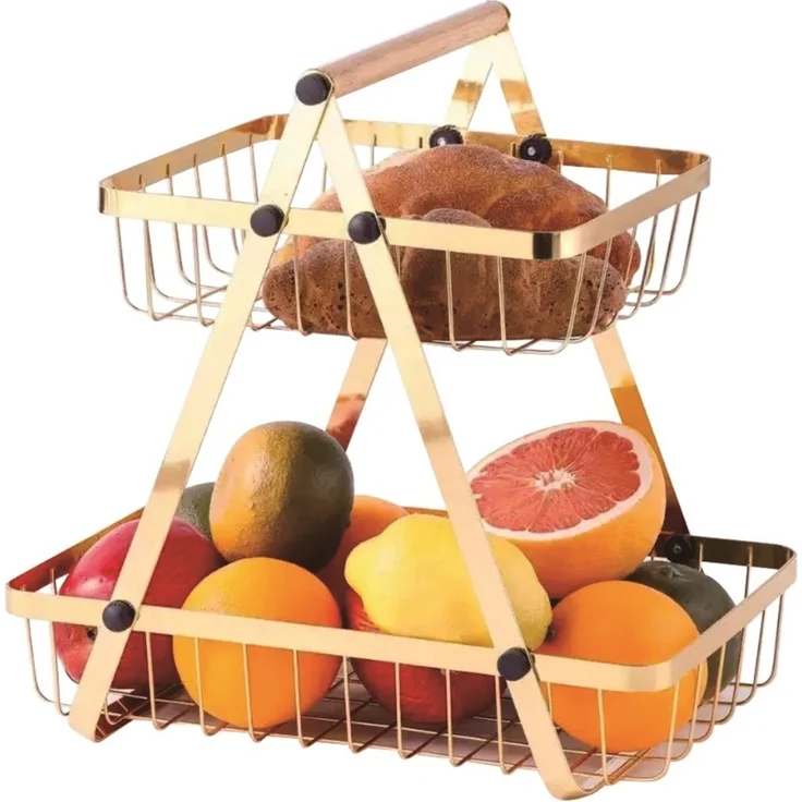 2-stöckige Etagere mit Griff, Obstkorb in Gold - Tragbar & Platzsparend – Bild 2