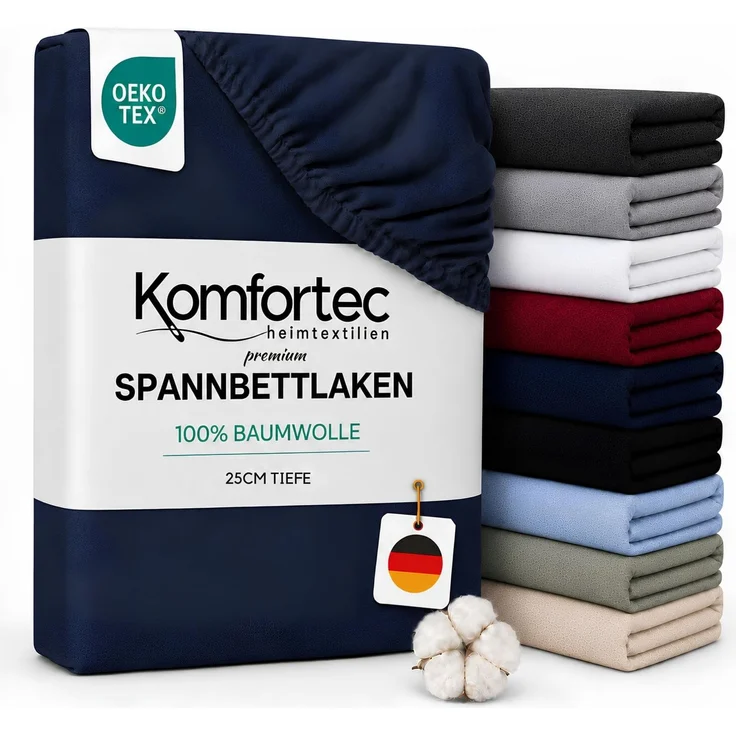 Komfortec Spannbettlaken Jersey 100% Baumwolle 90x200 bis 25 cm - Blau