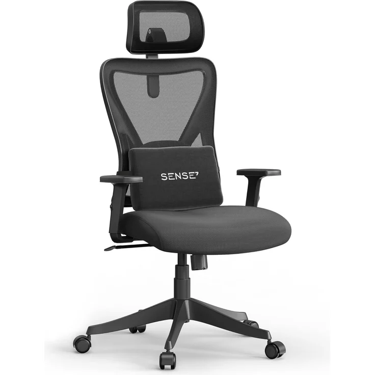 SENSE7 Bürostuhl Ergonomisch - FlowTech™ Schreibtischstuhl mit Verstellbarer Lordosenstütze & Kopfstütze für Lange Arbeitstage - Atmungsaktives Mesh Ergonomischer Bürostuhl bis 150kg – Tone Schwarz