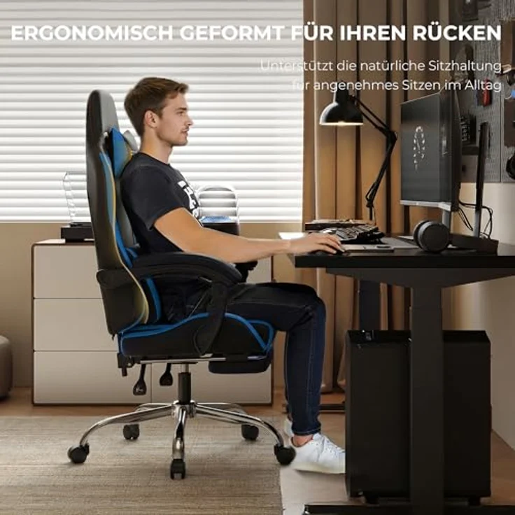 Dowinx Gaming Stuhl, Ergonomischer Gamer Stuhl für Büro und Home Office, Verstellbarer Bürostuhl mit Rückenlehne bis 150°, mit Fußstütze, Belastbar bis 180 kg, Blau – Bild 7