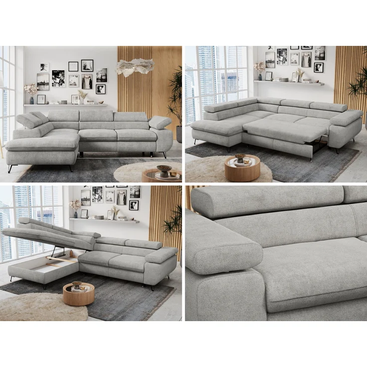 Mks Möbel 'Peter L-form' Ecksofa mit Bettfunktion, Bettkasten & einstellbaren Kopfstützen, Hellgrau, Stoff, links – Bild 2