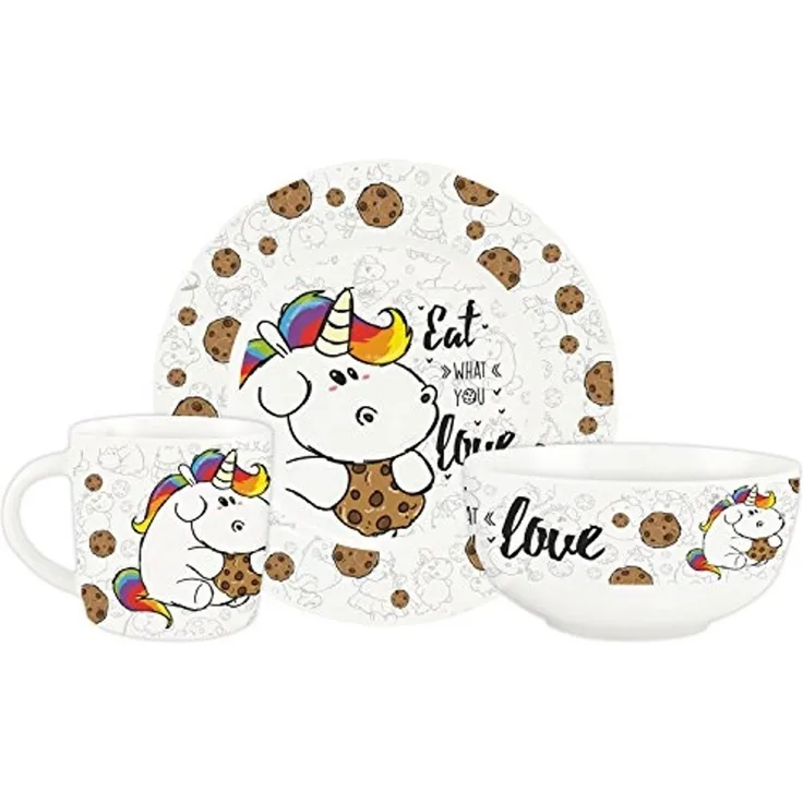 United Labels® Frühstücks-Geschirrset Pummel & Friends - Pummeleinhorn - Eat what you love - 3-tlg, 1 Personen, Porzellan