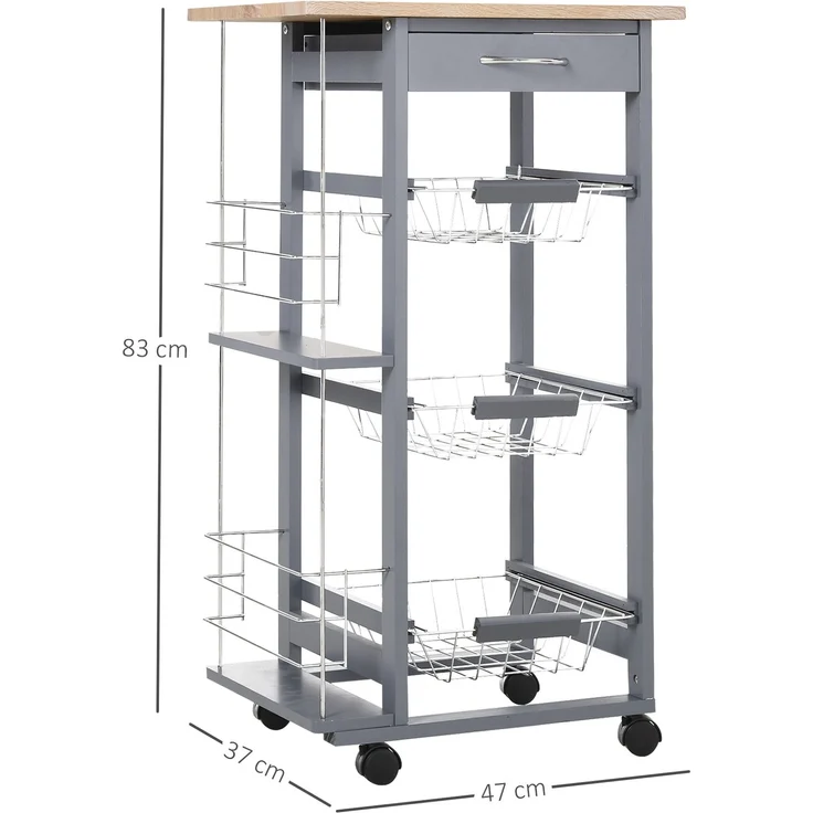 MELAYR, Hilfswagen mit Rollen, Küchenwagen mit 3 Metallkörben, Schublade, 2 Gewürzregalen, 47 x 37 x 83 cm, Grau – Bild 5