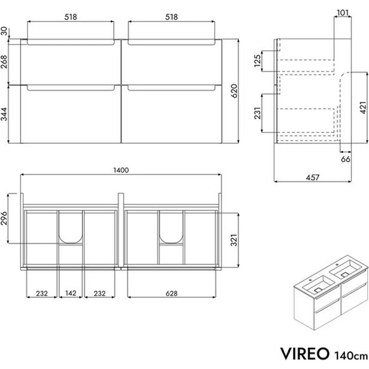Bernstein Waschbeckenunterschrank VIREO 140cm Weiß matt BRUXELLES Weiß matt Waschtischunterschrank mit Doppelwaschbecken 4 Schubladen – Bild 4