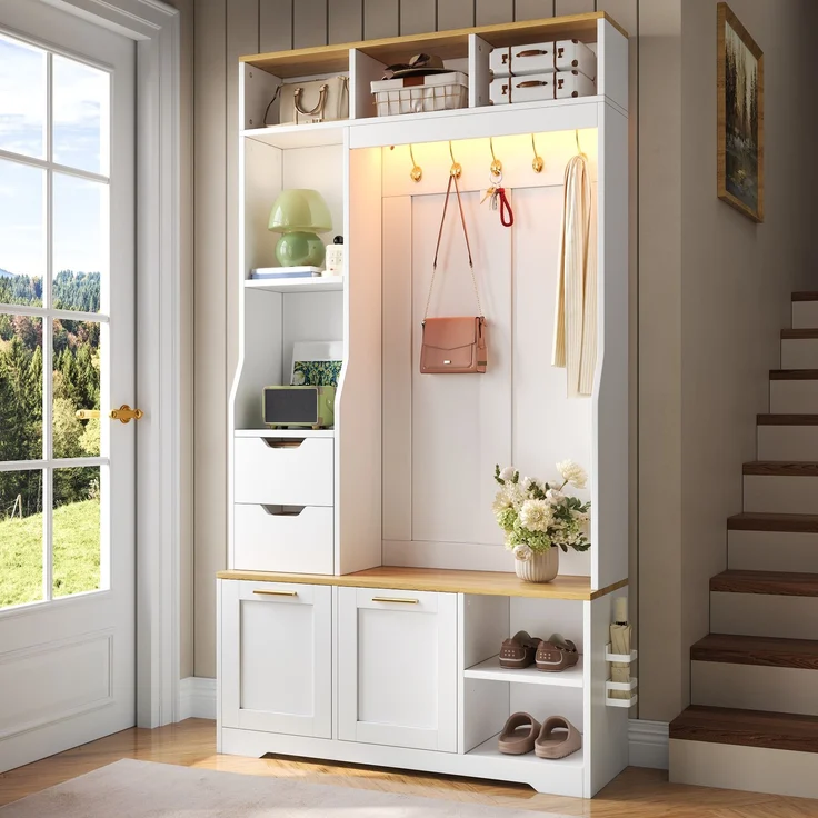 Flurschrank B 100 x T 32 x H 186 cm aus MDF und Spanplatte, mit Sitzbank und LED-Beleuchtung – Bild 3