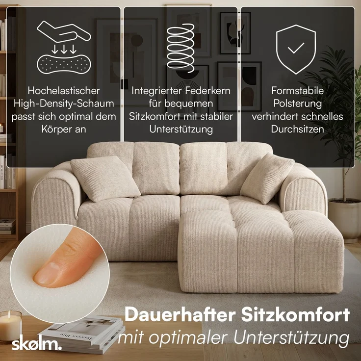 skølm 'Vanaheim' Sofa 2 Sitzer mit Hocker & 2 Kissen, Cloud Sofa beige, Chenille-Stoff, Vollschaumcouch mit Federkern und Vakuum-Kompression, kein Aufbau erforderlich – Bild 2