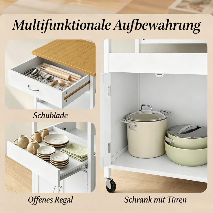 EINHOM Mobiler Küchenwagen, Praktischer Sideboard-Wagen, Vielseitiger Aufbewahrungswagen, Kompakter Küchenhelfer, Kücheninsel (Nur Mit Küchenwagen) – Bild 6