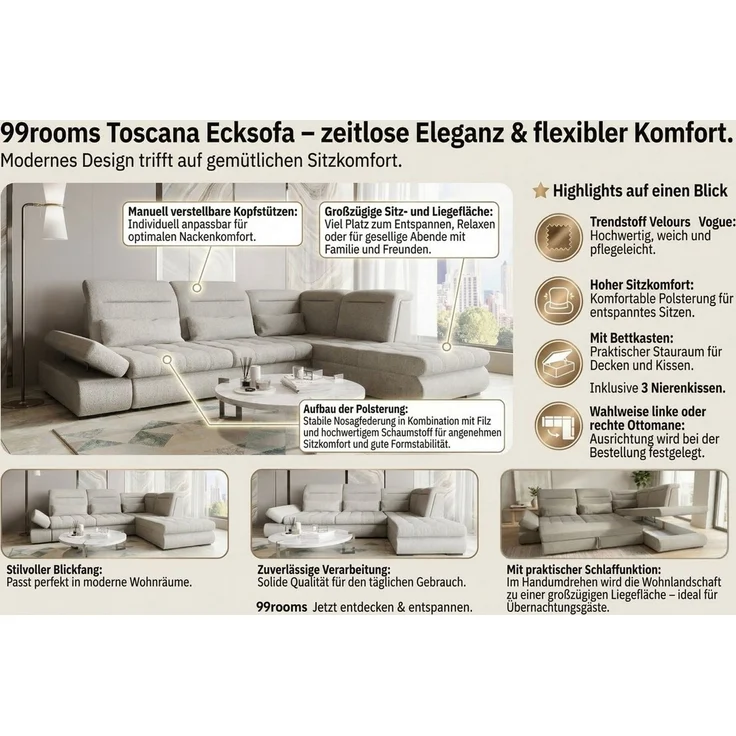 99rooms Ecksofa Toscana, Sofa L-Form, Eckcouch, Bettfunktion, Rundumbezug aus gepolstertem Velours VOGUE – Bild 3