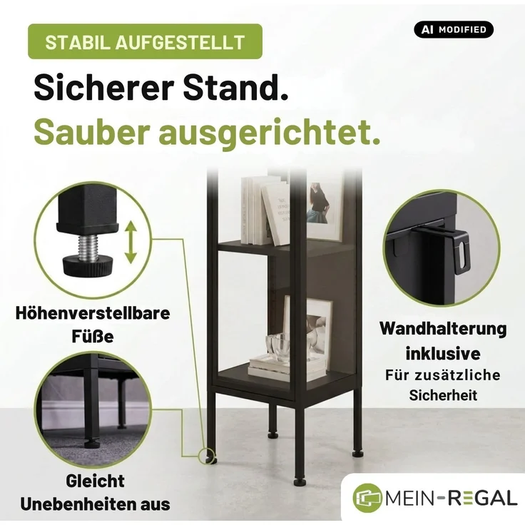Mein-Regal Eckvitrine Glasgow aus Metall mit 2 Glaswänden & 1 Glastür Schwarz 40x40x170 cm – Bild 2