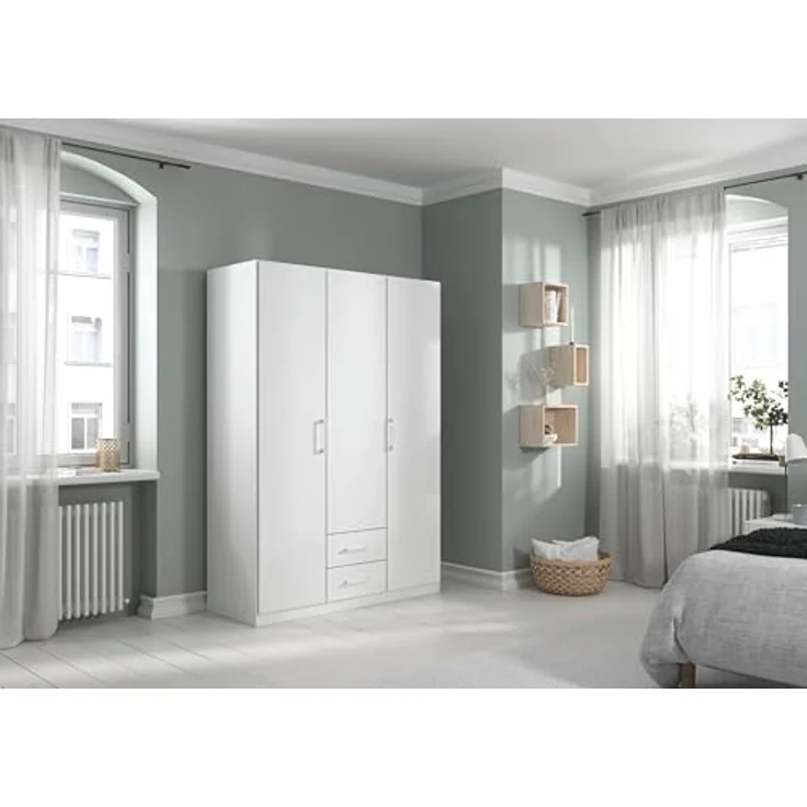 Rauch Möbel Belfast Kleiderschrank, Schrank, Garderobe, Organizer, 3-türig, 2 Schubladen für mehr Stauraum, Farbe Weiß, Stangengriff Weiß, 136 x 197 x 54 cm – Bild 5