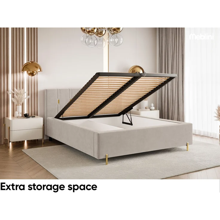 MEBLINI Polsterbett 200x200 mit Lattenrost mit Matratze – FABIO – Beige Samt – Doppelbett mit Bettkasten - Stauraumbett - Kopfteil Bett mit Stauraum – Bild 6