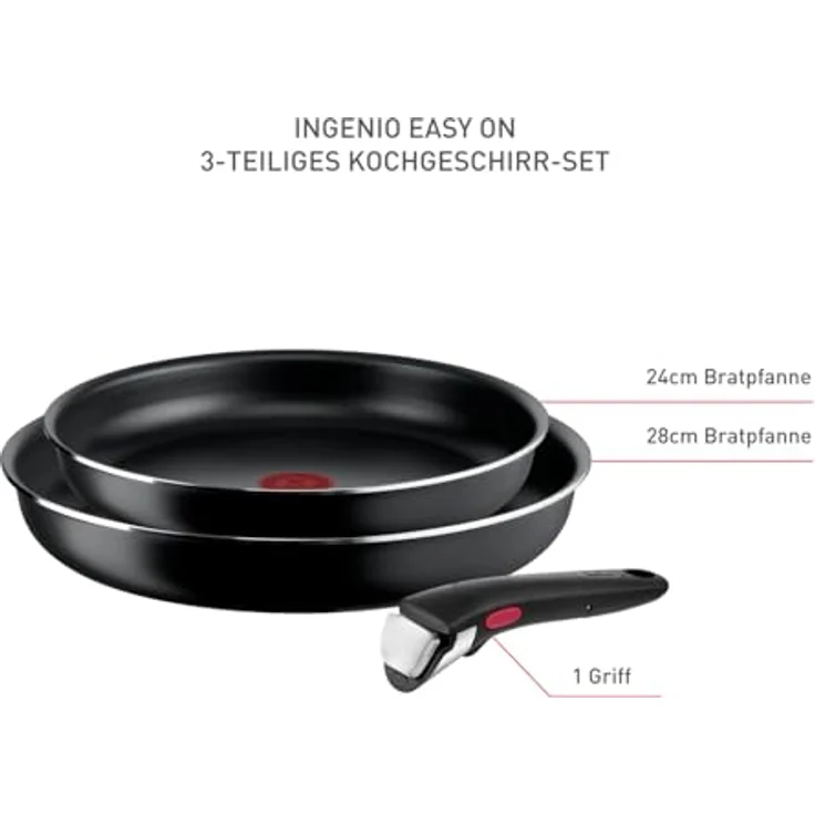 Tefal Ingenio Easy On 3-tlg. Kochgeschirr-Set, 2x Pfannen (24, 28 cm), 1x abnehmbarer Griff, kompakt, stapelbar, Antihaftbeschichtung, Thermo-Signal Temperaturanzeiger, Schwarz, L1599302 – Bild 3