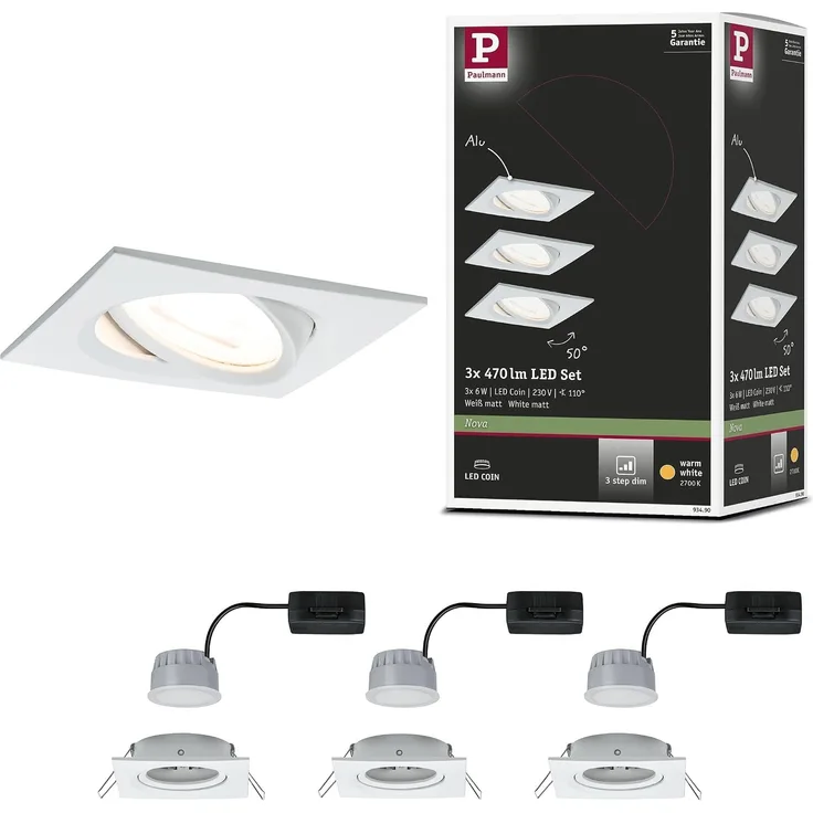 Paulmann No. 93490 Einbauleuchte LED Coin Nova eckig 6W Weiß matt 3-Stufen dimmbar