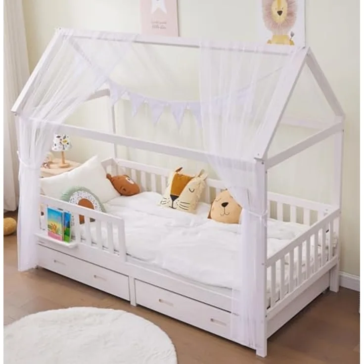 Alavya Home® Hausbett BUCHE CLOUD I KOMPLETT SET mit 2 Schubkästen (Kinderbett 90x200 cm mit Schublade inkl. Deko weiß und Matratze I Hausbett 90x200cm), Aus massivem Buchenholz