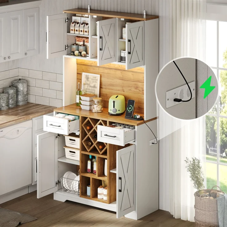 ZUBALIYA hoher Stauraumschrank mit LED-Beleuchtung / Vorratsschrank mit Weinregalen, mit weinschrank & Vitrinenschrank für Wohnzimmer und Esszimmer, 180 x 105 x 40 cm, fürs Wohnzimmer, mit Schubladen – Bild 20