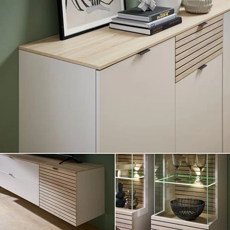 Stella Trading INA Highboard in Kaschmir, Riva Eiche Optik FSC-Zertifiziert - Moderner Wohnzimmerschrank mit Schubladen und LED-Beleuchtung - 84 x 125 x 45 cm (B/H/T) – Bild 6