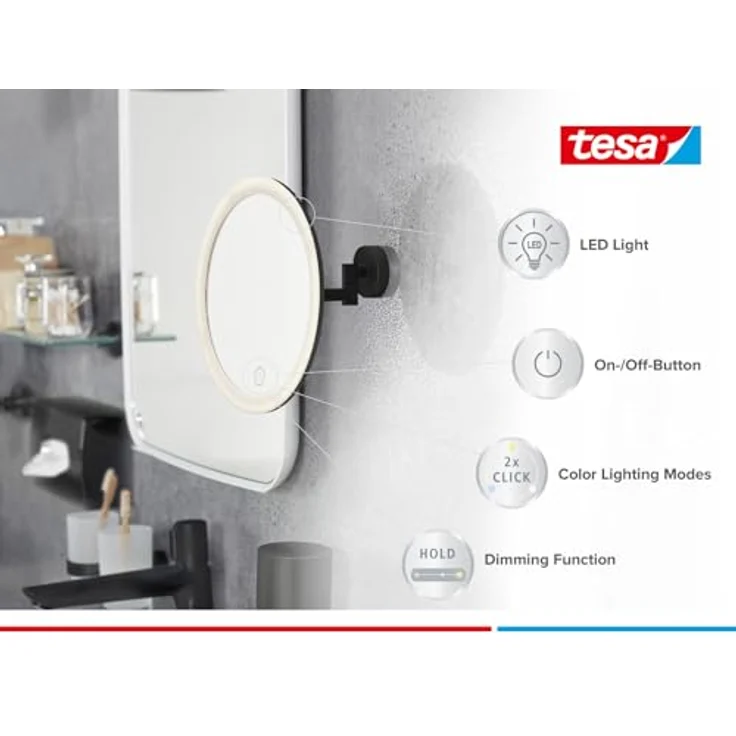 tesa Schminkspiegel Visioon Kosmetikspiegel mit Beleuchtung, Montage ohne Bohren, Schwarz (Komplett-Set, 1-St, Make-Up-Spiegel mit Schwenkarm, USB-C-Ladekabel, Power. Kit Klebelösung), Wandspiegel mit dimmbaren LEDs, 5-fach Vergrößerung, Touch-Bedienung – Bild 5