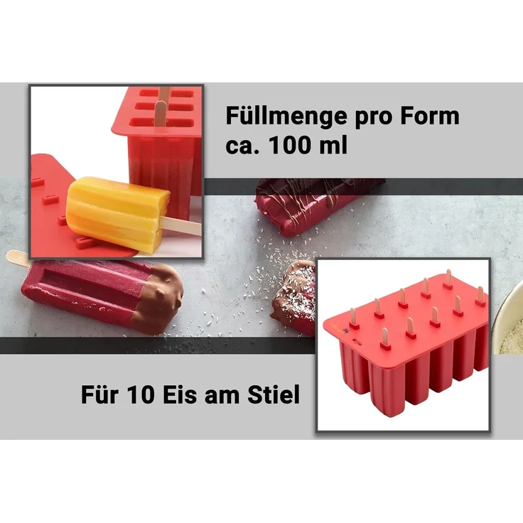 ZOLLNER Eisformen aus Silikon mit 10 Holzstäbchen für Eis am Stiel, rot – Bild 3