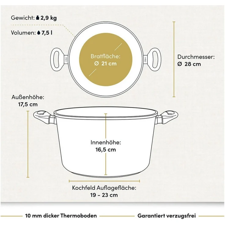 Hoffmann Germany Kochtopf Suppentopf Fleischtopf Aluguss Ø 28 cm Deckel – Made in Germany, Aluguss (Set, 2-tlg, 1x Kochtopf Ø 28 cm + 1x Glasdeckel), Antihaft, backofenfest bis 240°C, Induktion, 7,5 l – Bild 4