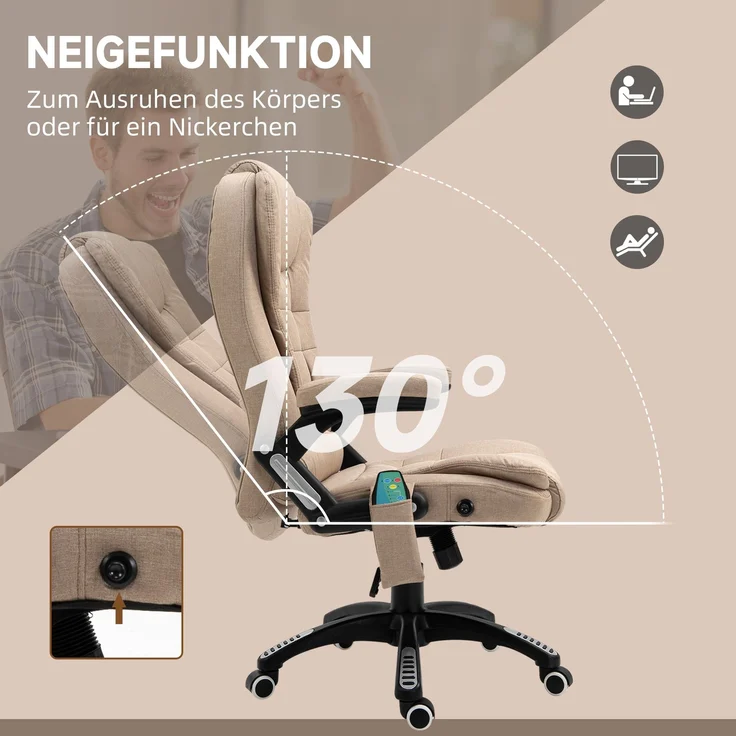 Massagesessel mit Wärmefunktion, Ergonomischer Schreibtischstuhl, höhenverstellbar, 68L x 72B x 110-120 cm, Braun--Braun--116x74x67cm--YOUDENOVA – Bild 9