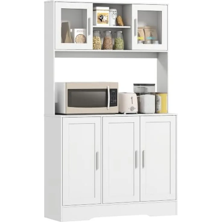 HOMCOM Küchenbuffet Hochschrank mit Arbeitsplatte, Vorratsschrank mit Glastüren (Aufbewahrungsschrank, 1-St, Küchenschrank) Skandinavisches Design, Weiß