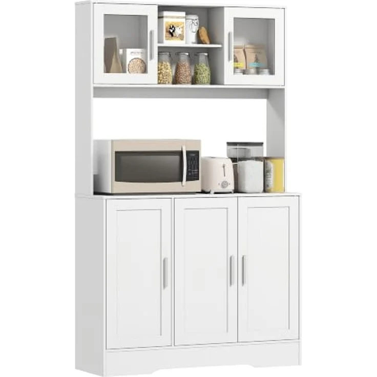 HOMCOM Küchenbuffet Hochschrank mit Arbeitsplatte, Vorratsschrank mit Glastüren (Aufbewahrungsschrank, 1-St, Küchenschrank) Skandinavisches Design, Weiß – Bild 1