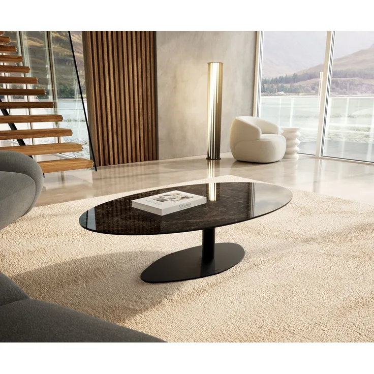 Couchtisch Edge Oval 140x80 cm Keramik Emperador Extra Lucidato Dunkelbraun Vibany Metall Schwarz