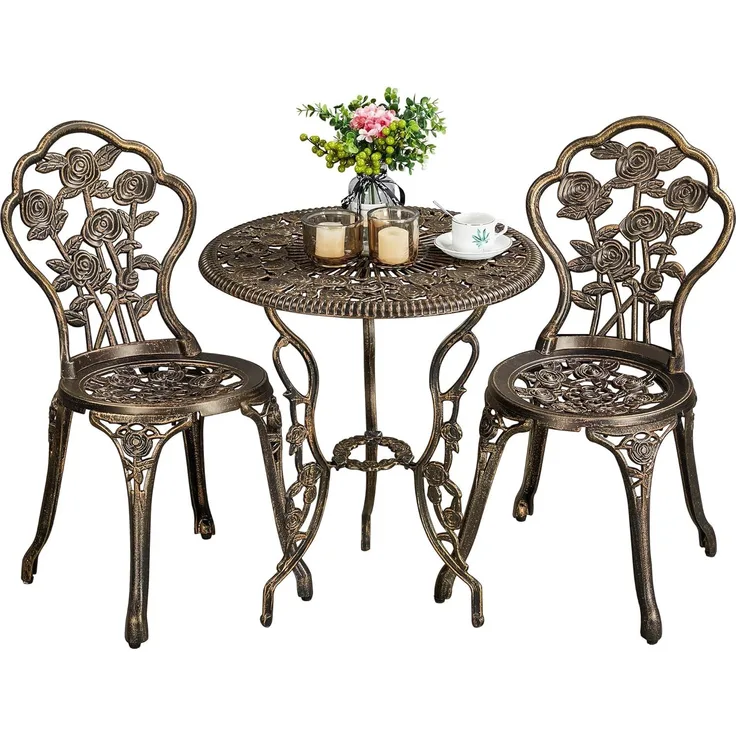 Yaheetech 3tlg. Bistro Set Balkonset Gartenset mit Stühlen, Zwei Sitzhocker Gartenmöbel im antiken Stil Aluguss Bronze
