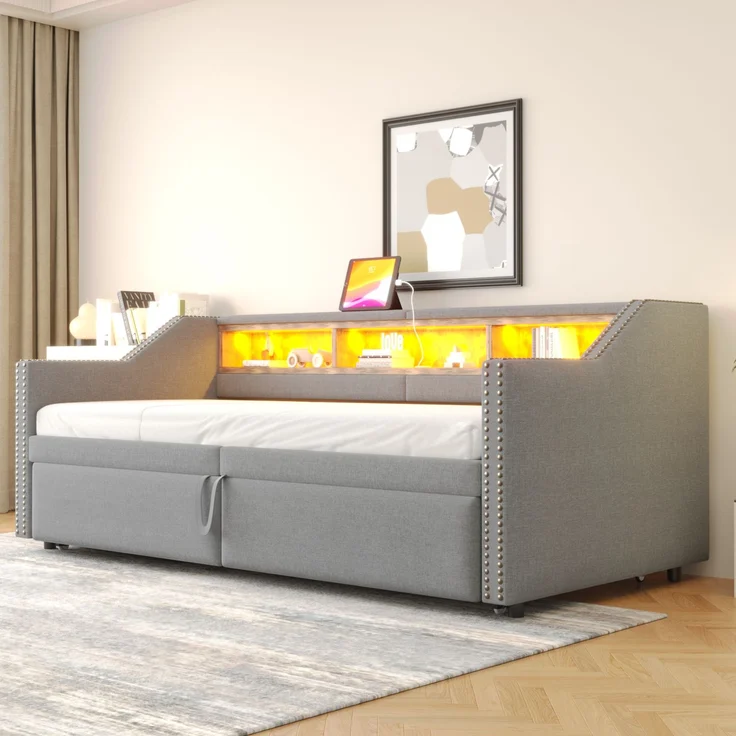 Schlafsofa 209,5×97 cm aus Samtstoff mit ausziehbarem Bett, gepolstert, modernes Tagesbett,Beige – Bild 2