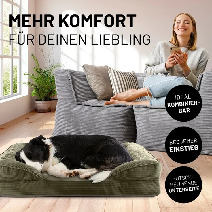 Lumaland Hundebett Indoor Cord M 90x65x18cm olivgrün vakuumiert – Bild 3