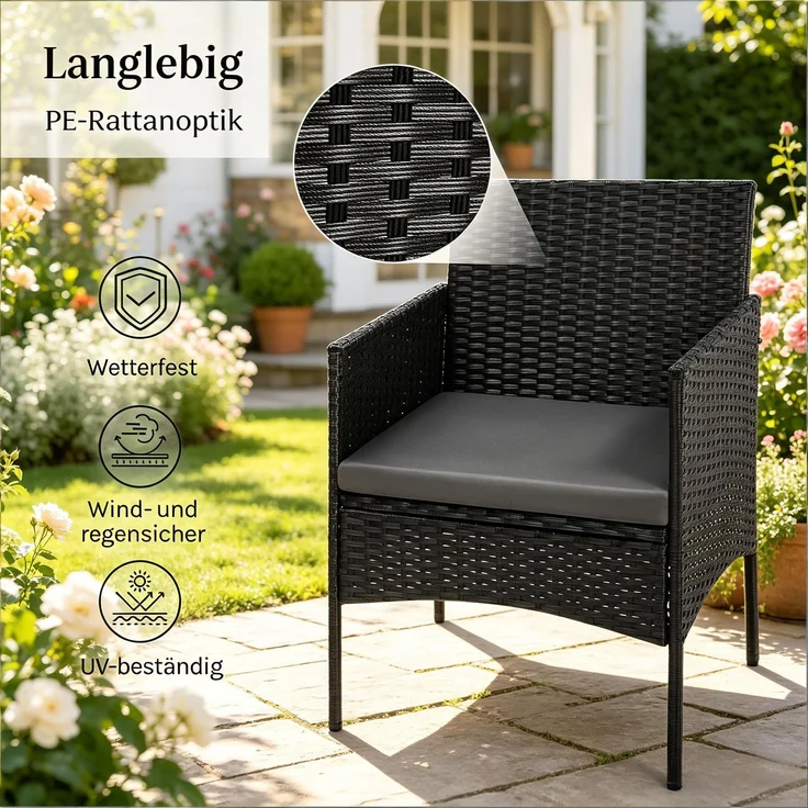 Gartentisch 71 x 41 x 39 cm mit 4-teiliger Sitzgruppe für 4 Personen, PE-Rattan und Glas, Schwarz – Bild 6