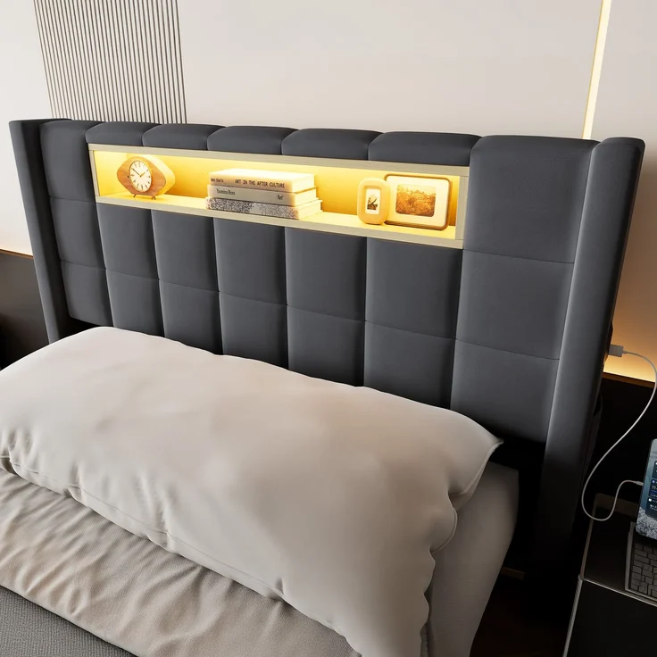 Polsterbett 90x200 cm mit hydraulischem Stauraum, LED-Beleuchtung und USB-Anschlüssen – Ohne Matratze – Bild 8