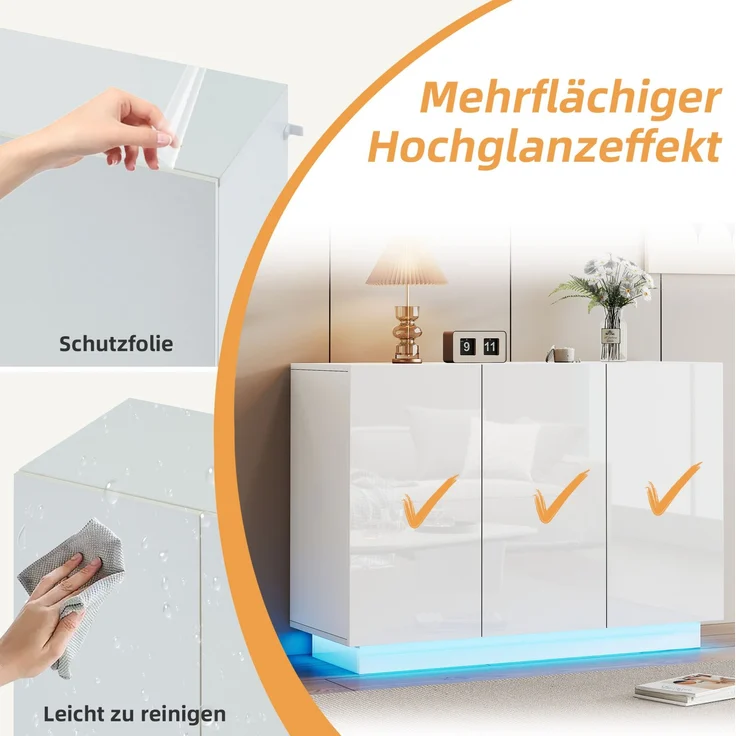 DESVIAE Sideboard mit LED-Beleuchtung und 3 Türen, 120x75x40 cm, Spanplatte, Weiß – Bild 6
