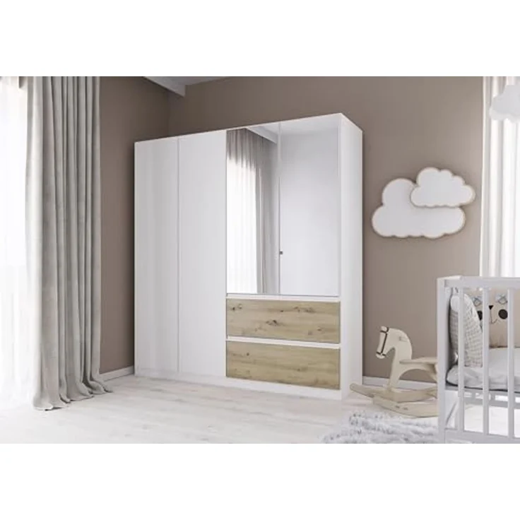 Rauch Möbel Costa, Kleiderschrank für Schlafzimmer, Kinderzimmer, Babyzimmer, Garderobe, Flur, 4-türig, mit Spiegel und 2 Schubladen, Push-to-Open, Zubehör Classic, Farbe Weiß, Breite 181 cm – Bild 2