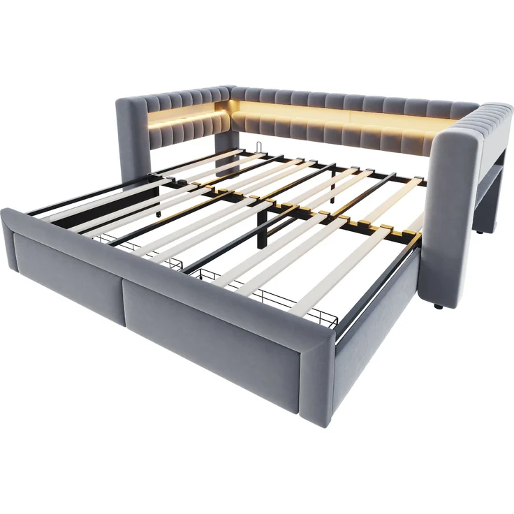 Ausziehbett 90/180×190 cm mit Bettkasten, LED, USB-Anschluss, Grau, ohne Matratze – Bild 9