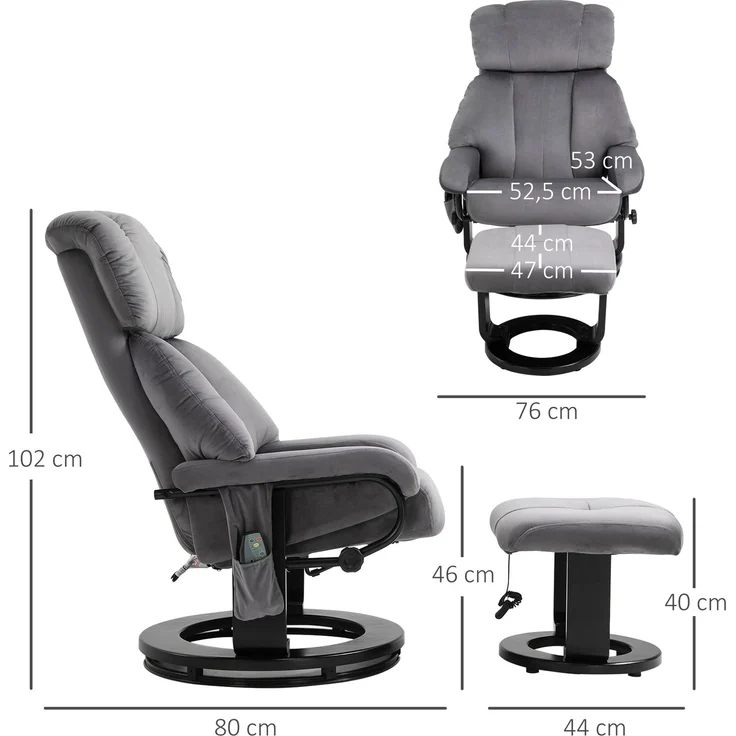 MELAYR, Relaxsessel mit Hocker, Drehbarer Fernsehsessel mit Schwingmassage, Liegefunktion, 76 x 80 x 102 cm, Grau – Bild 5