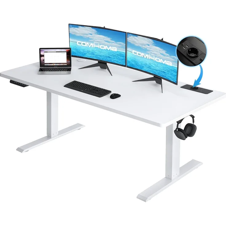 COMHOMA Höhenverstellbarer Schreibtisch 160x70 cm mit USB-Buchse und Haken, Elektrisch Verstellbarer Computertisch, Steh-Sitztisch Stehpult Stehschreibtisch Weiß
