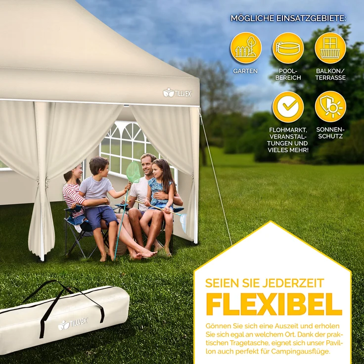 tillvex Pavillon 3x6m - mit 6 Seitenwänden Beige wasserdicht | Pop-Up Faltpavillon höhenverstellbar | Gartenzelt UV Schutz 50+ | Partyzelt mit Tasche für Garten – Bild 9