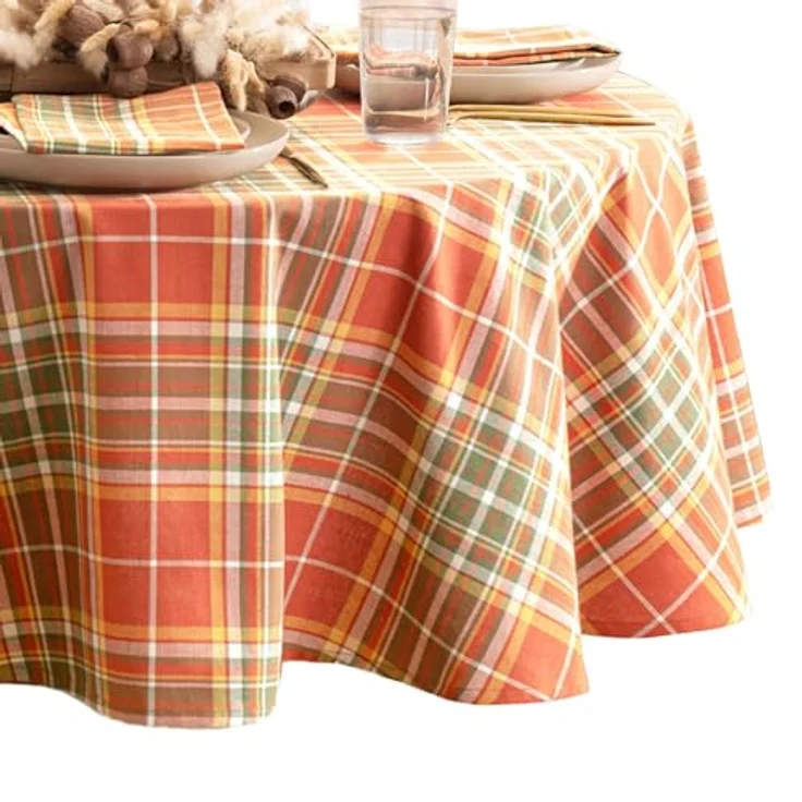 Elrene Home Fashions Hawley Plaid Tischdecke für Herbst/Ernte/Erntedankfest, Baumwolle, rund, 178x177,8 cm – Bild 1