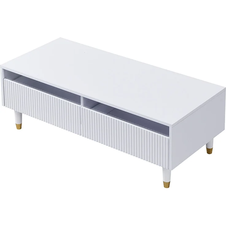 EINHOM Modernes LED-Möbelset: Viertüriger TV-Ständer und Couchtisch mit Zwei Schubladen – Weiß mit Gold-Design, LED-Beleuchtung, Wellenstruktur und Acrylfronten für einen Stilvollen Wohnstil – Bild 3