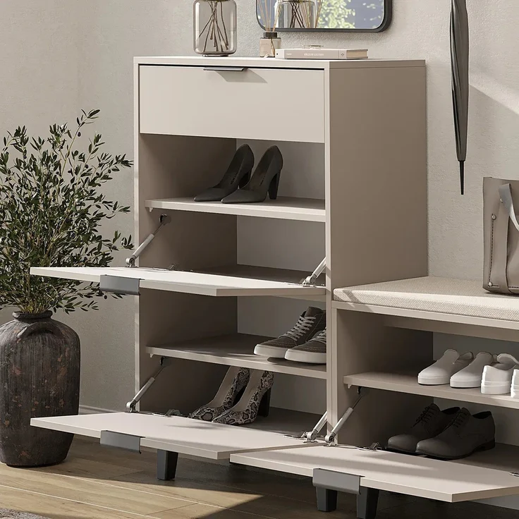 Roomart NORD Schuhschrank mit 2 Schuhklappen & Schublade – Schuhkipper für Flur, Diele & Eingangsbereich – H 112 x B 73.6 x T 35 cm • Beige – Bild 2
