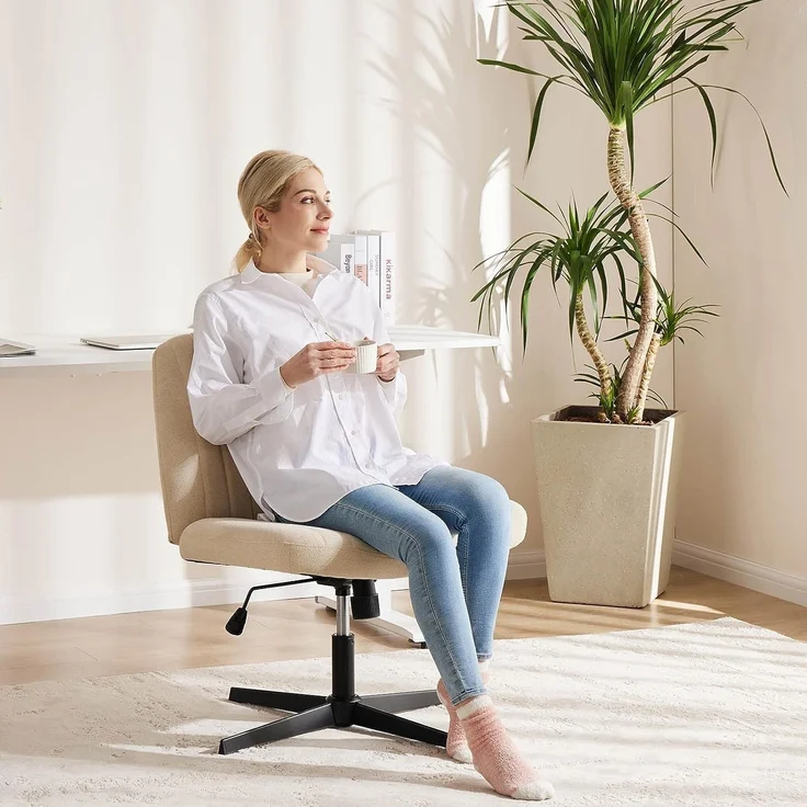 DUMOS Cross Legged Bürostuhl, Armloser Breiter Schreibtischstuhl Keine Räder, Moderner Home Office Schreibtisch Stuhl Swivel Verstellbarer Stoff Eitelkeit Stuhl – Bild 3
