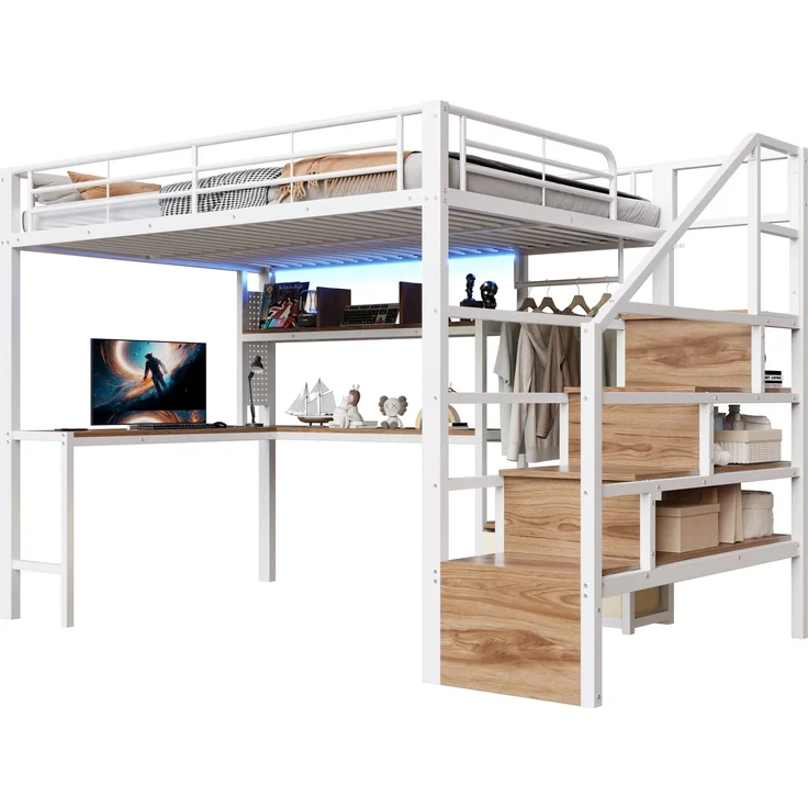 Merax Hochbett, Kinderbett 140 x 200 cm, Jugendbett mit 2 Schubladen, mit LED-Lichtleiste, Schreibtisch, Ohne Matratze, Weiß – Bild 10